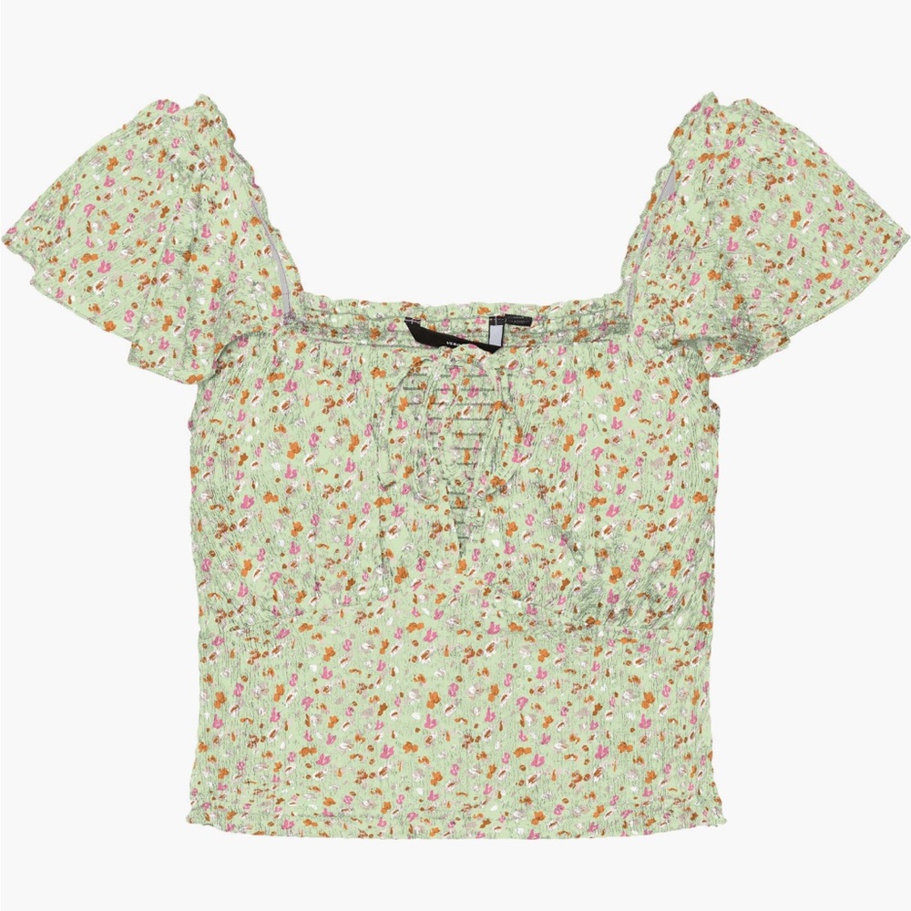 NEW VERO MODA Nordstrom Lace Up Crop Top Pastel Green Floral Flutter Sleeves XL